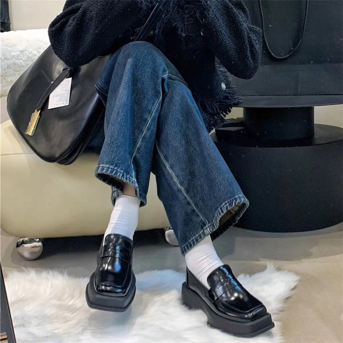 ​Women Thick Platform Square Toe Slip On Loafers 2025 Early Spring British Style Patent Leather Color Blocking Casual Shoes​
