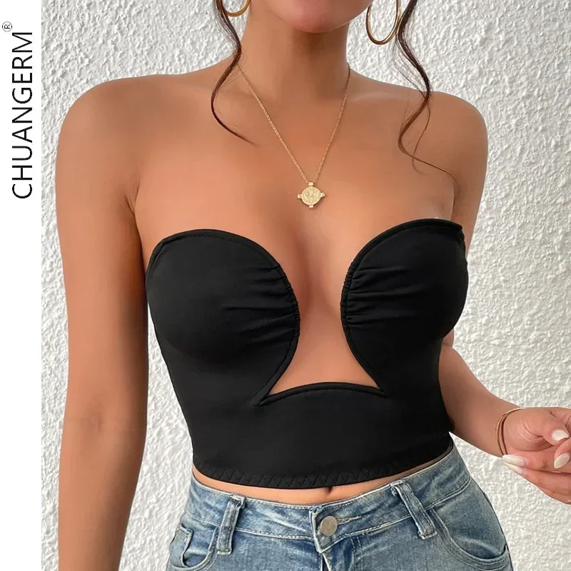 

CHUANGERM Low Cut Out Corset Bra Top Summer Black White Fashion Off The Shoulder Tops Sexy Bandage Strapless Short Tank Tops