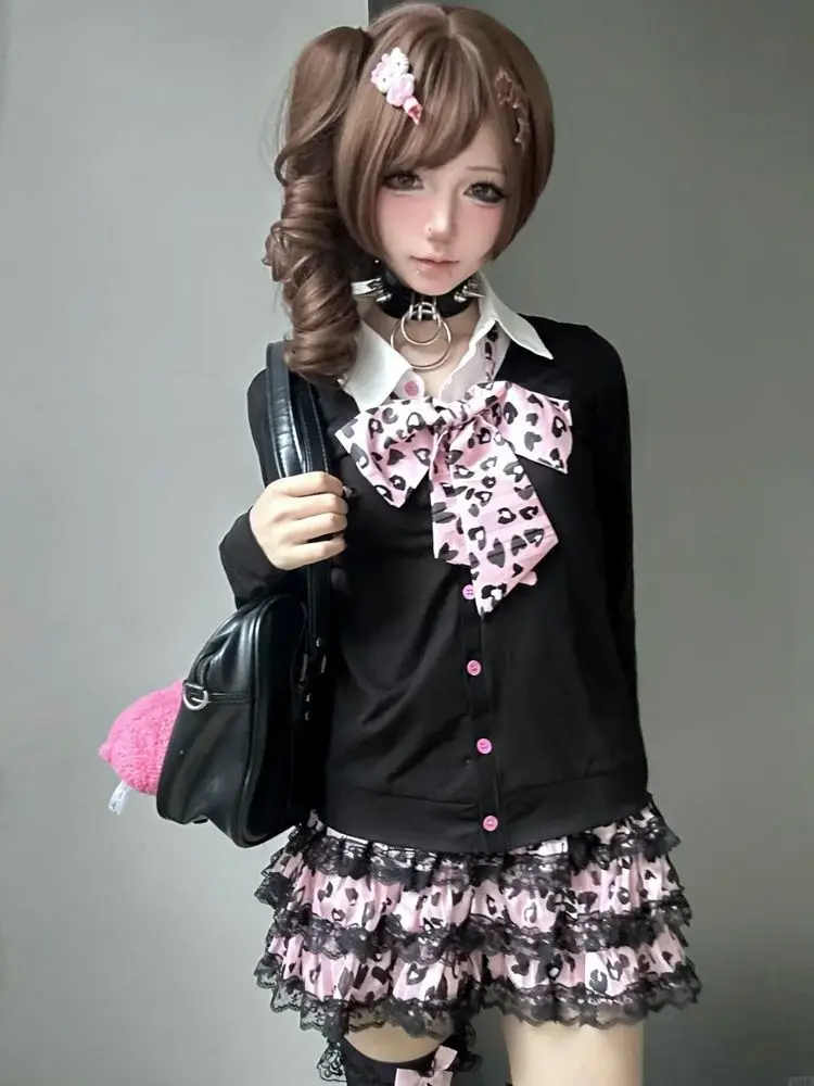 

Japanese Preppy Style Elegant Women's 2 Pieces Set Gothic Design Tops + Leopard Skirt Female Subculture Korean Popular Clothes