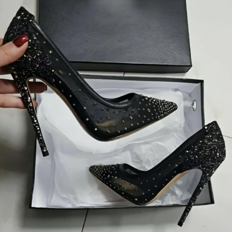 Women's Black Pointed Toe Stiletto Heel Pumps Crystal Embellishments Elegant Designparty Ladies Large Size Shallow Single Shoes