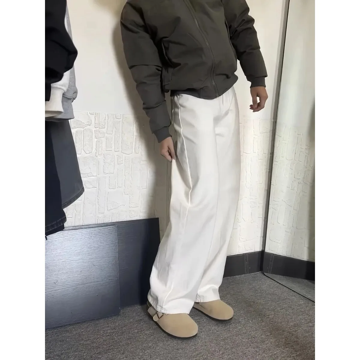 White Fleece Lined Bootcut Jeans Men's Winter American High Street Style Slimming Straight Leg Trousers Casual Versatile Jeans