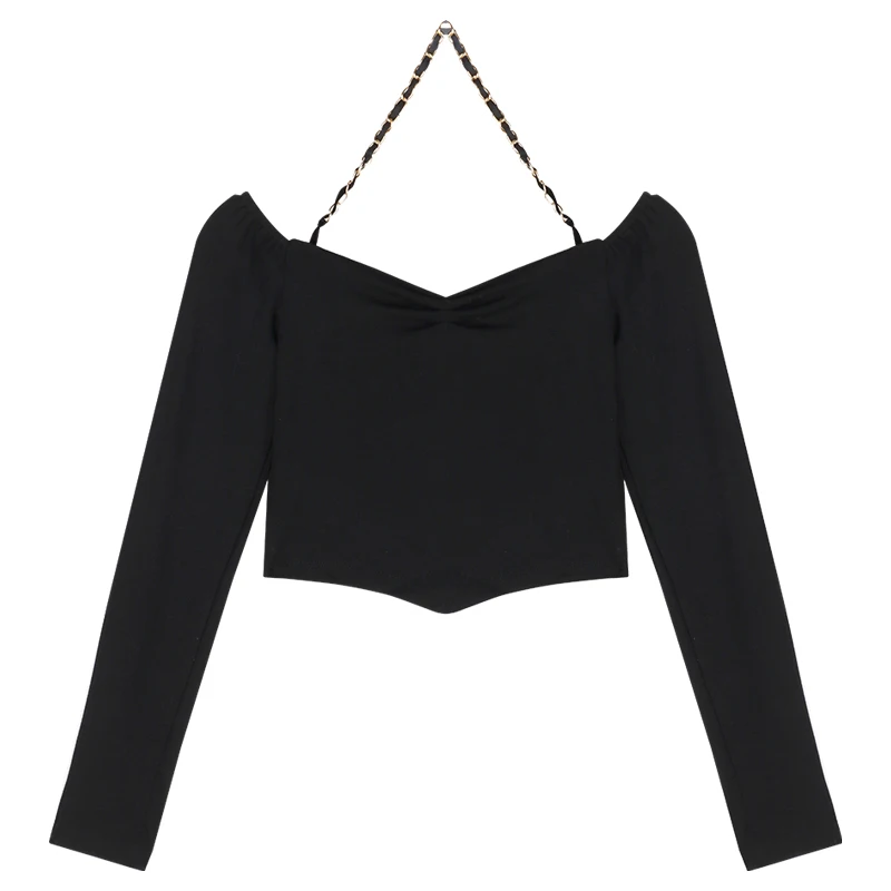 Black T-shirts Women Slash Neck Chain Halter Sexy Long Sleeve Crop Tops Hot Girls Irregular Slim Backless Design Simple Fashion