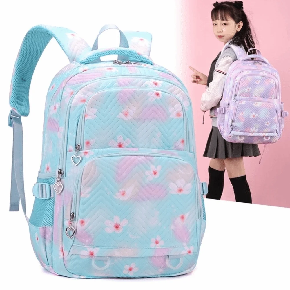 Flower Printed Children Backpack Multiple Pockets Nylon Shoulders Bag Large Capacity Korean Style Student School Bag