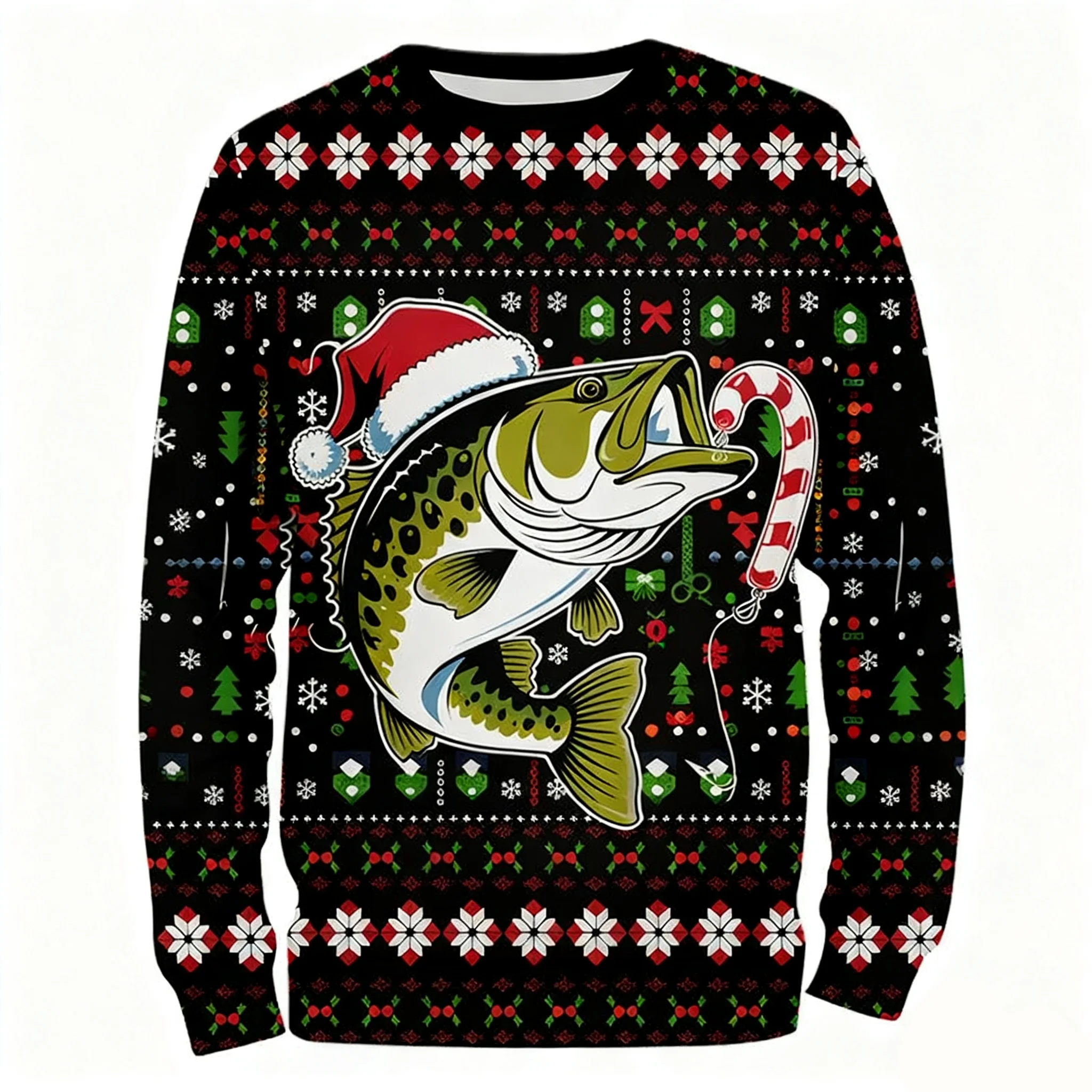 

3D пуловер с рисунком рождественской рыбалки, свободный и удобный свитшот с круглым вырезом, повседневная одежда с длинными рукавами для любителей активного отдыха