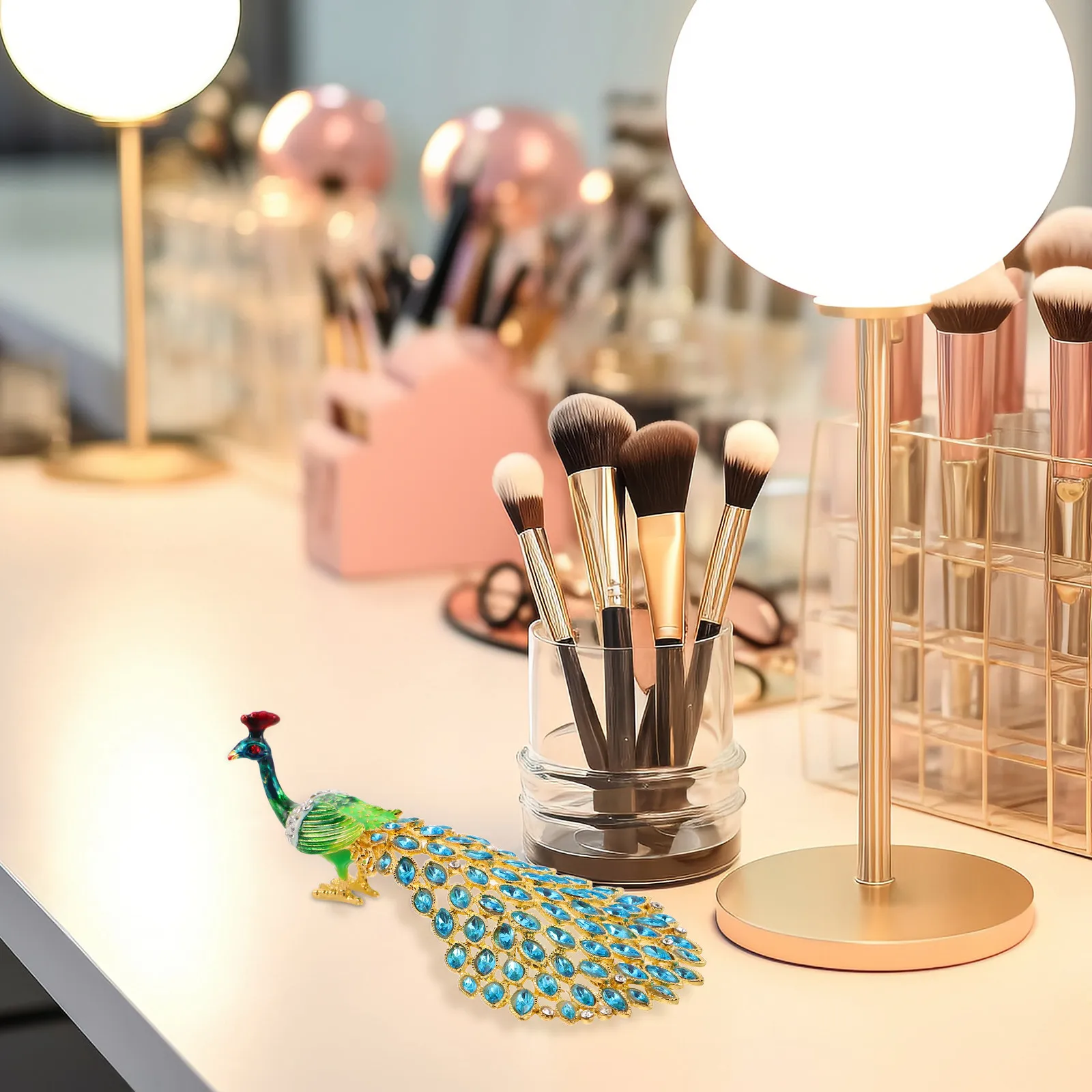 

Enameled Peacock Rhinestone Jewelry Box Hand Painted Mini Ring Organizer Hinged Trinket Keepsake Decorative Storage for Women