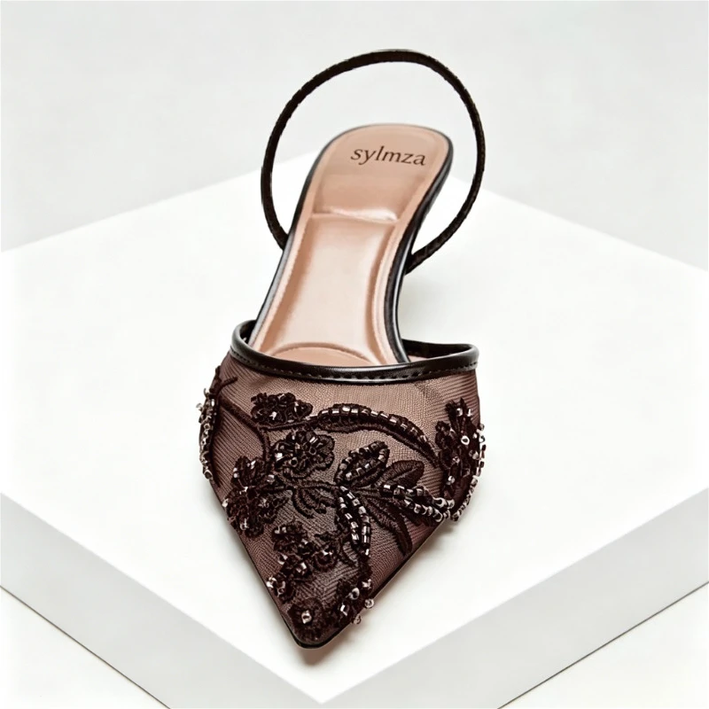 Brown String Bead Mesh Embroider Slingback High Heels Women Sexy Pointed Toe Heeled Sandals Summer Elegant Luxury Designer Shoes image 2