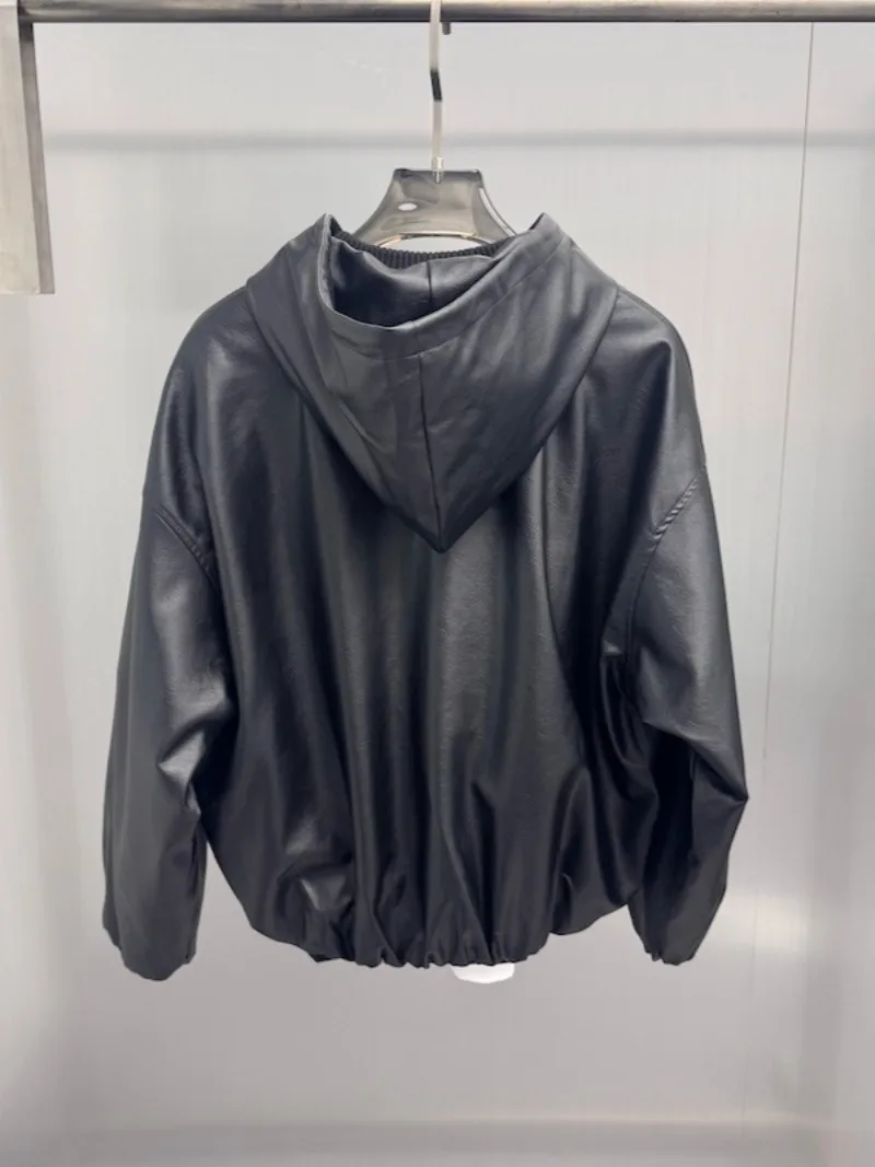 Spring and Autumn Windproof Men's Jacket with Drawstring Hood and Zippered PU Leather Outerwear Wide Cut Men's Jacket