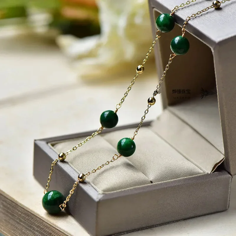 Natuurlijke Groene Jade Ronde Kralen Ketting Voor Vrouwen 14K Goud Gevulde Sleutelbeen Ketting Retro Charme Elegante Gelukssieraden