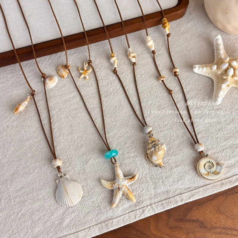 Collar de cuerda encerada con cuentas de concha de estrella de mar para mujer, estilo bohemio de vacaciones en la playa, cadena para clavícula, joyería de moda para uso diario