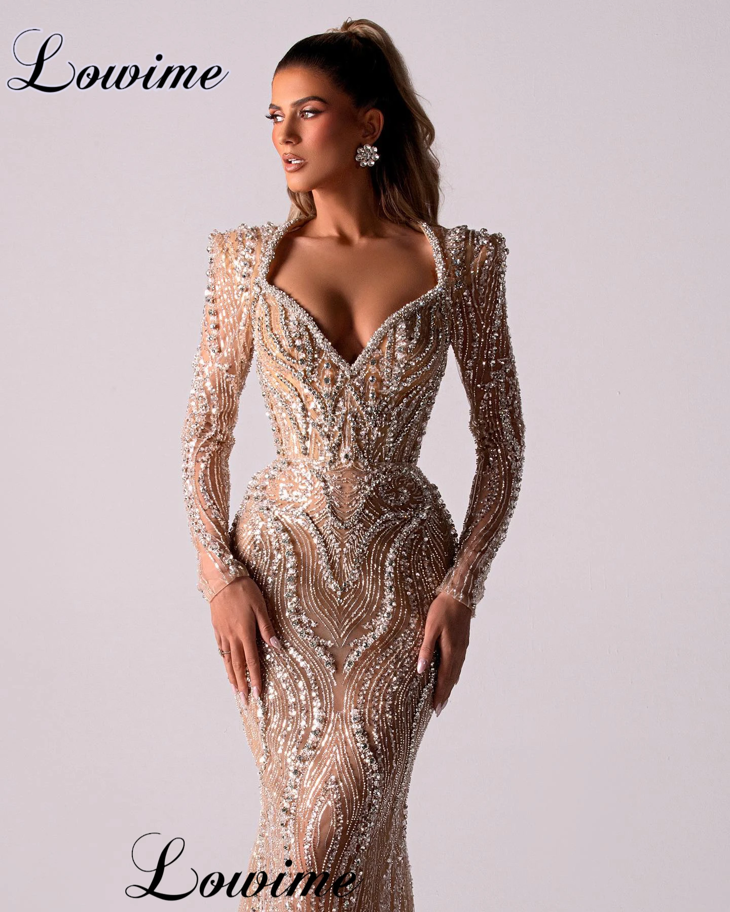 Champagne Long Sleeves Evening Dresses With Crystals Mermaid Formal Occasion Dresses Robes De Soirée Wedding Guests Dresses