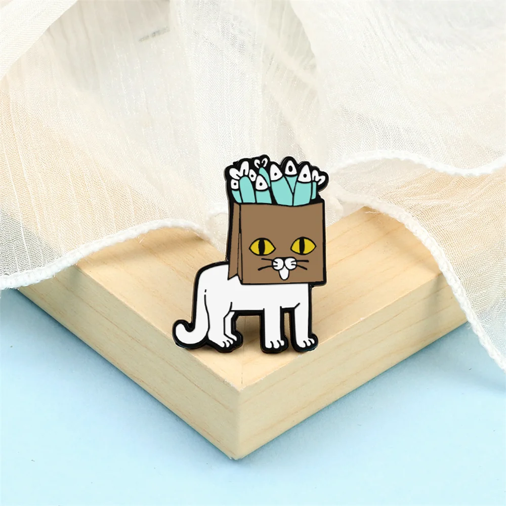 Funny Creative Cats Mole Enamel Pin ALWAYS BRAVE Badge Dried Fish Paper Bag Kitten Animal Brooches Denim Shirt Lapel Pin Jewelry image 3