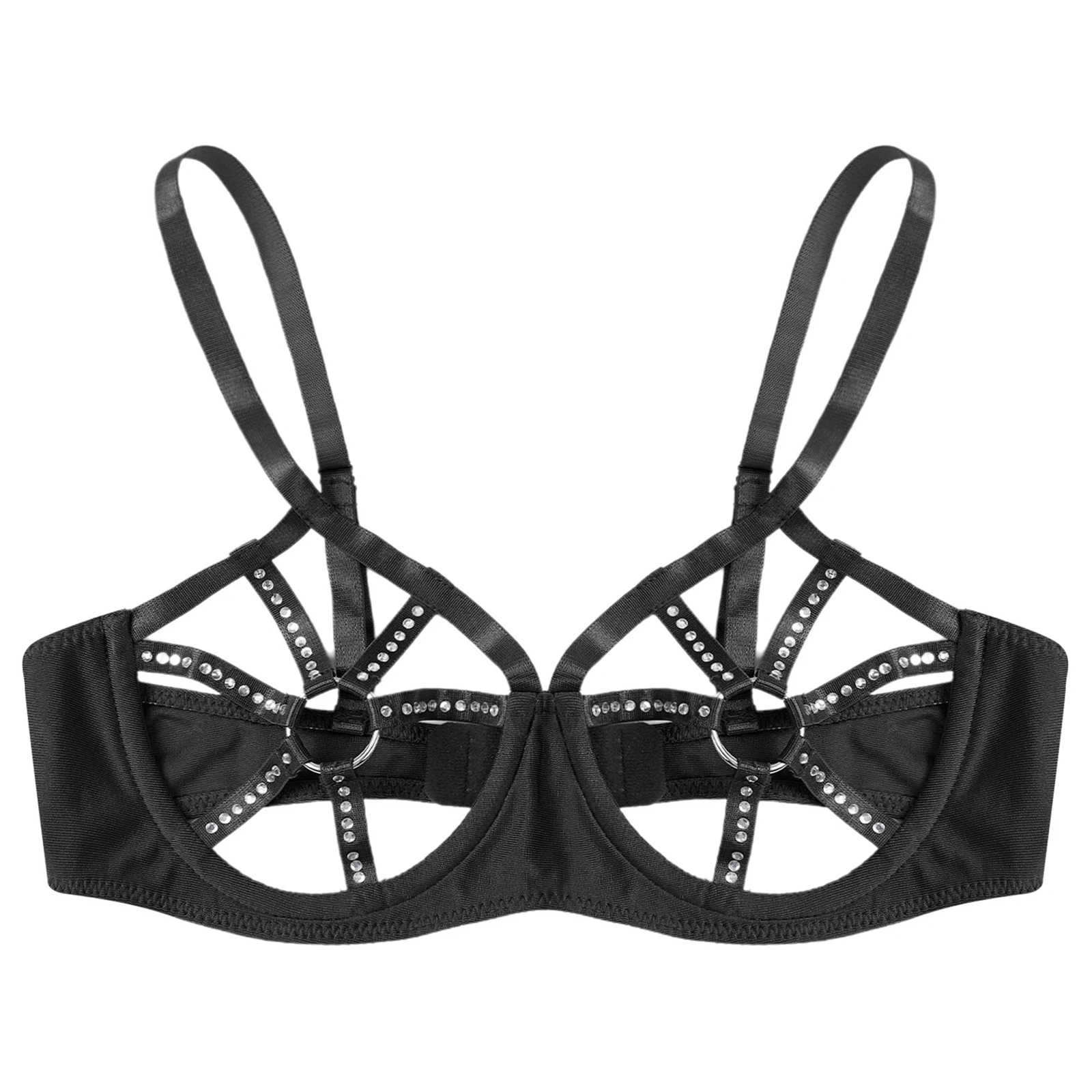 Womens See Through Bra Top Sexy Lingerie Rhinestones O-ring Cutout Cup Push Up Bras Underwire Exposed Brassiere Nightwear