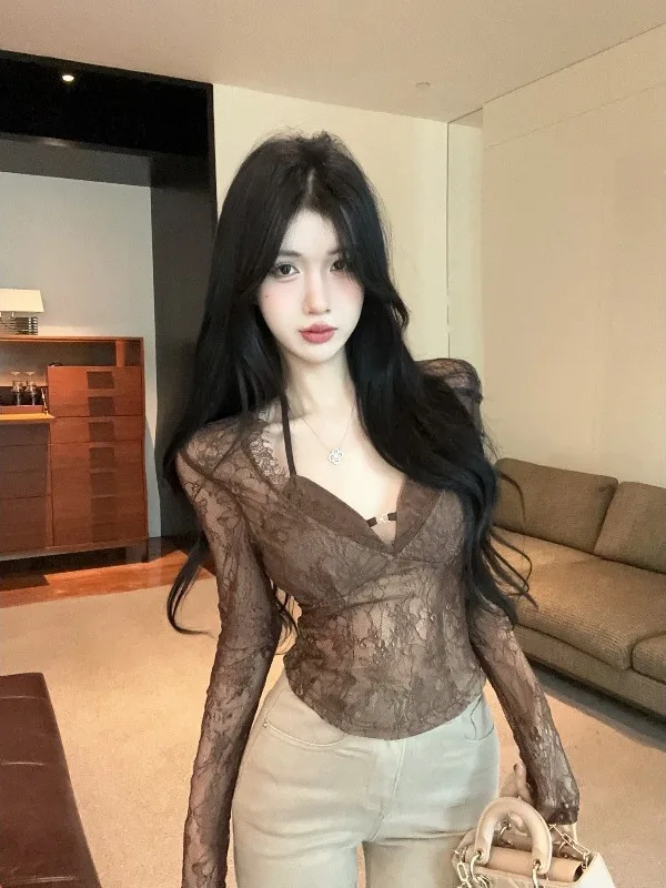 

Pure Desire Sexy Lace Patchwork Long Sleeve T-Shirt Women's Beautiful See-through Inner Wear Nicole Rose Brand Autumn 2025