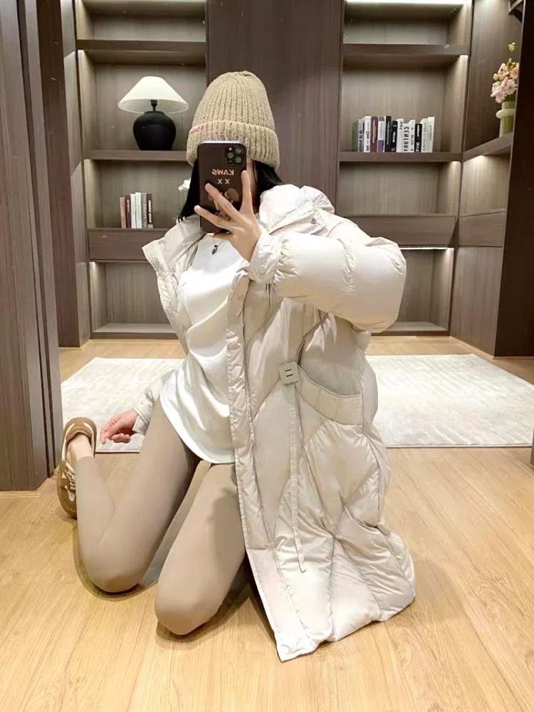 White Duck Down Hooded Jacket, Warm Coat, Soft, Medium-length Parka, Lazy Leisure Bread Jacket, Winter Fashion