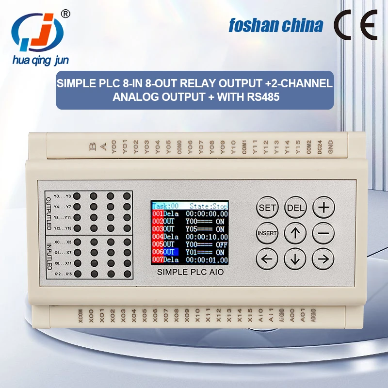 

Huaqingjun 16DI 16DO Relay Output PLC 2AO Analog 0-20mA 0-10V RS485 Modbus RTU QJ-32R-2AO-485 PLC Controller for Greenhouse