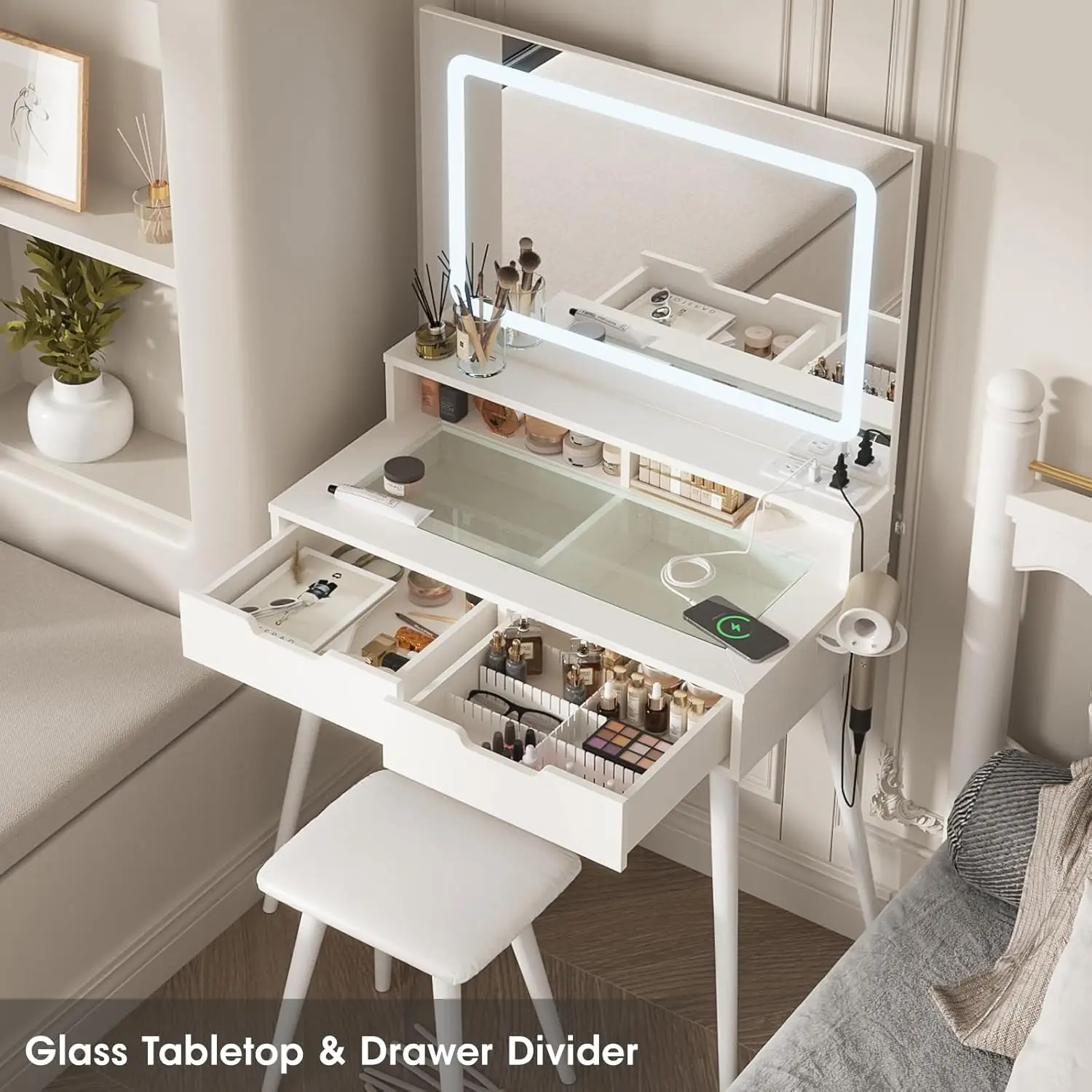 White Vanity Desk with Led Mirror&Charging Station,Glass Tabletop Vanity Table Set with Stool,Small Makeup Vanity with Drawers