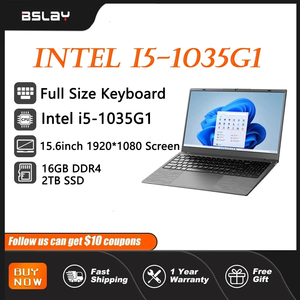 Laptop 15.6 Inch Intel I5-1035G1 16GB RAM 2TB SSD DDR4 HD Camera Fingerprint Unlock 4 Cores 8 Threads 3.6 GHz 5G Wifi Computer