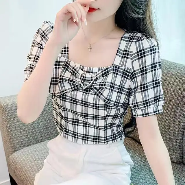 

Plaid Shirt Short Sleeves for Women New Summer French Short Puff Sleeve Top