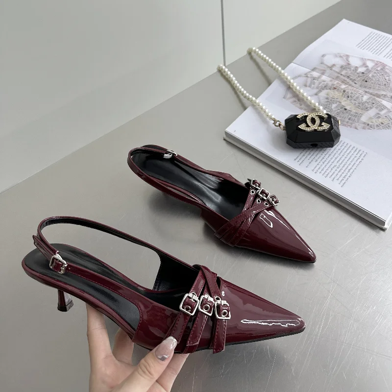 Slingbacks Pumps New Ladies Medium Heels Shoes Female Shallow Fashion Pointed Toe Footwear Women Heeled Shoes Wine Red 2024