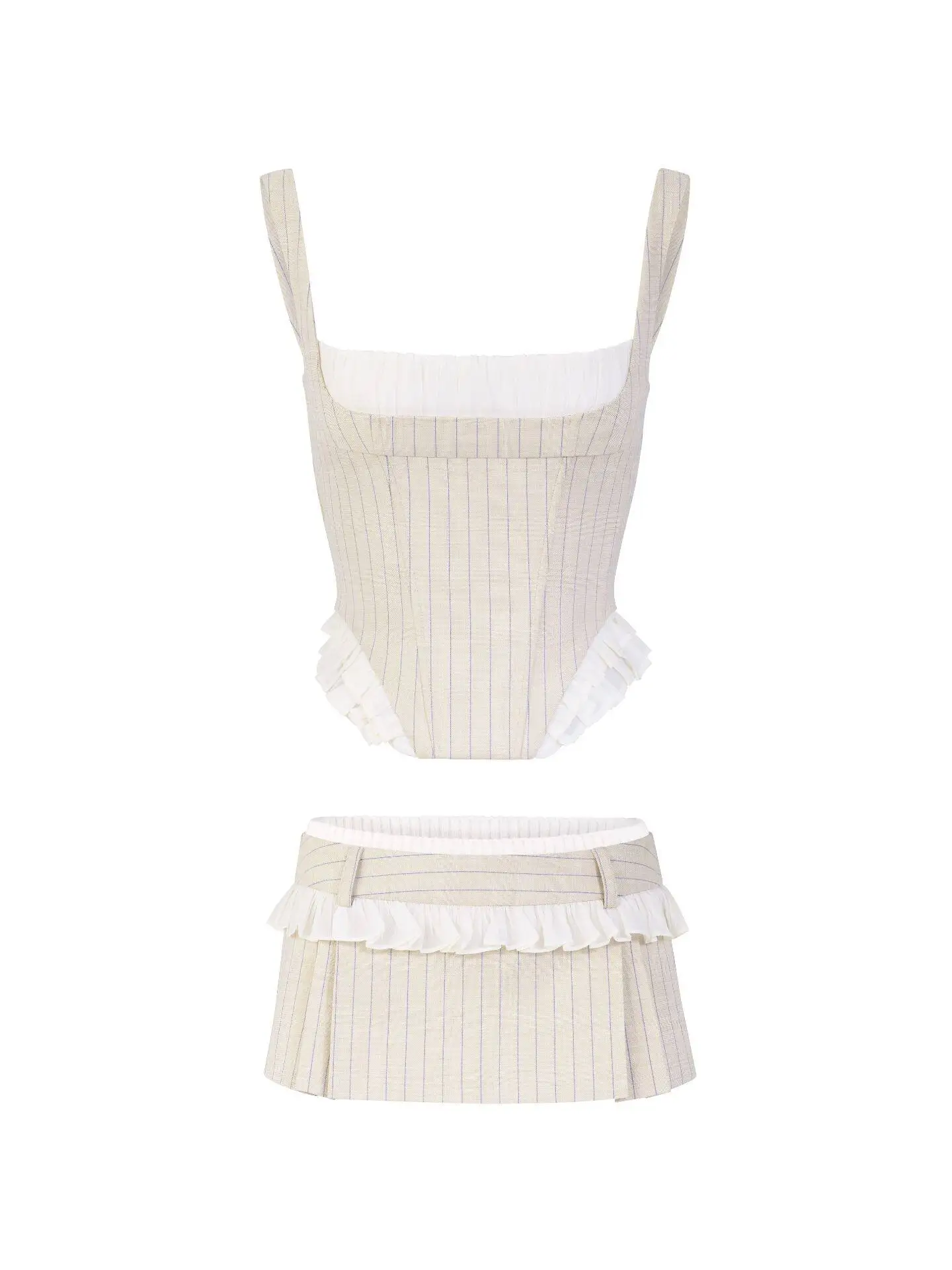 

LSOUL Retro Striped Design Slimming Pleated Short Skirt Set Holiday Style Women's Fashion Summer Outfit Two-Piece Suit