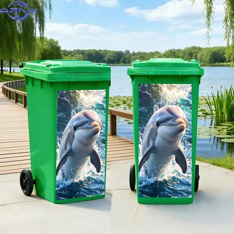 2D 1PC[ Flat Printing] 1pc Trash Can Sticker Dolphin Leaping Waves Theme Design Wall Sticker Decoration Wallpaper Self-Adhesiv
