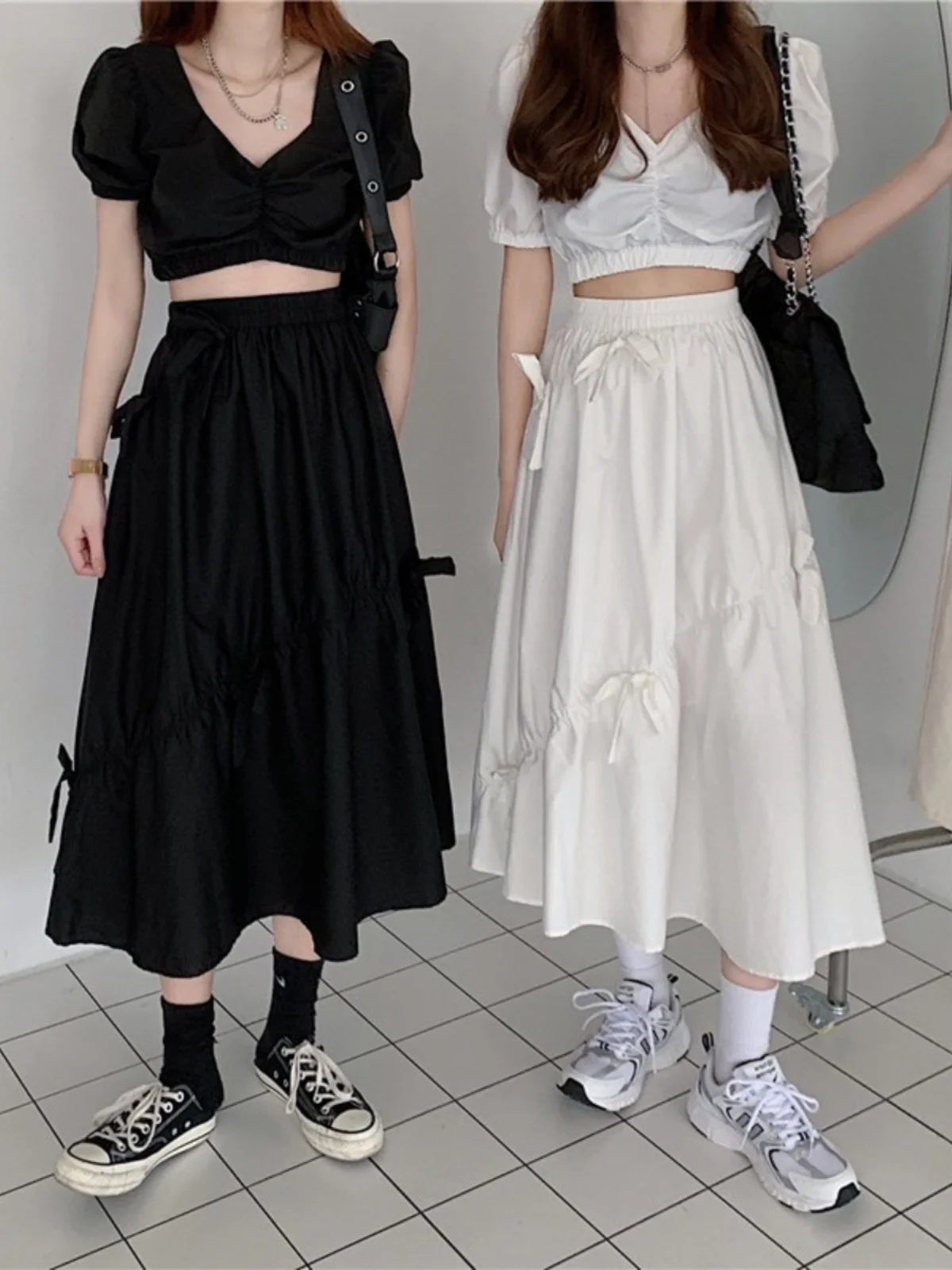 

Летняя коллекция 2025: Новая модная женская юбка миди А-силуэта с завышенной талией, бантом и эффектом стройности, универсальная, для колледжа