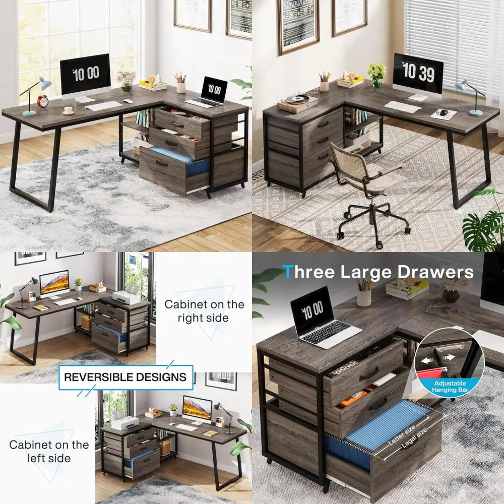 مكتب زاوية على شكل حرف L مع 3 أدراج، مكتب كمبيوتر مكتبي منزلي قابل للعكس، مكتب على الطراز الصناعي مقاس 53 بوصة مع أرفف تخزين #1