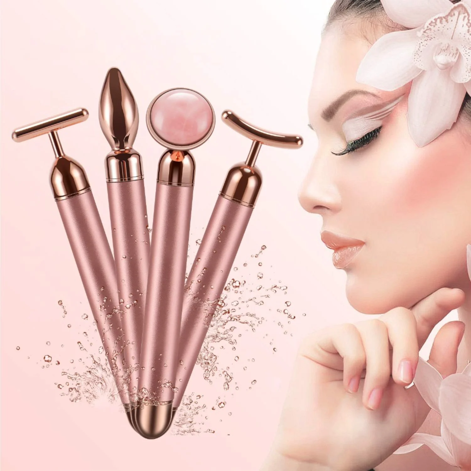 Massaggiatore per occhi viso con rullo di giada al quarzo rosa 4 in 1 - Strumento di bellezza vibrante per sollevamento a forma di T/V