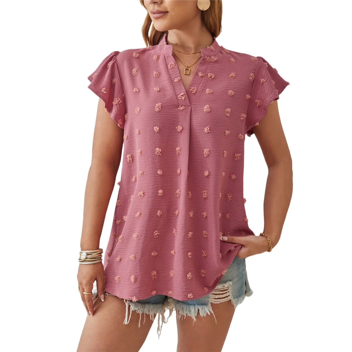 

Women 2025 Summer V Neck Ruffle Short Sleeve Blouse Dot Flowy Shirt Tunic Top Pink M