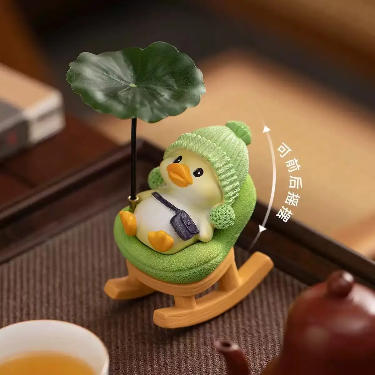 Cute Duck Figurine Office Desk Stress Relief Ornament, Funny Rocking Chair Lotus Leaf Duck Tea Pet Decor