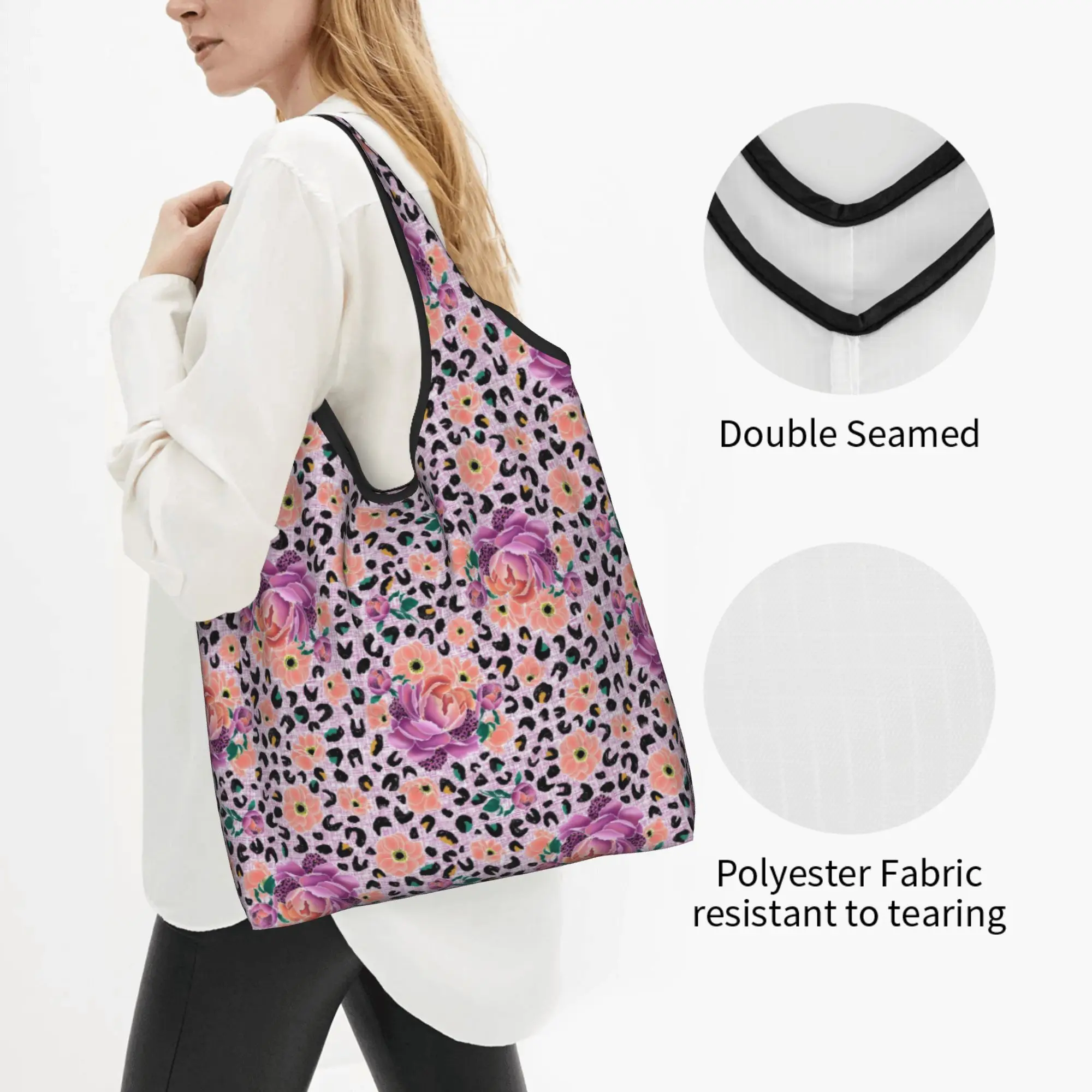 Custom Floral and Leopard  Shopping Bag Women Portable Large Capacity Grocery Wild Bloom Peach and Magenta  Shopper Tote Bags