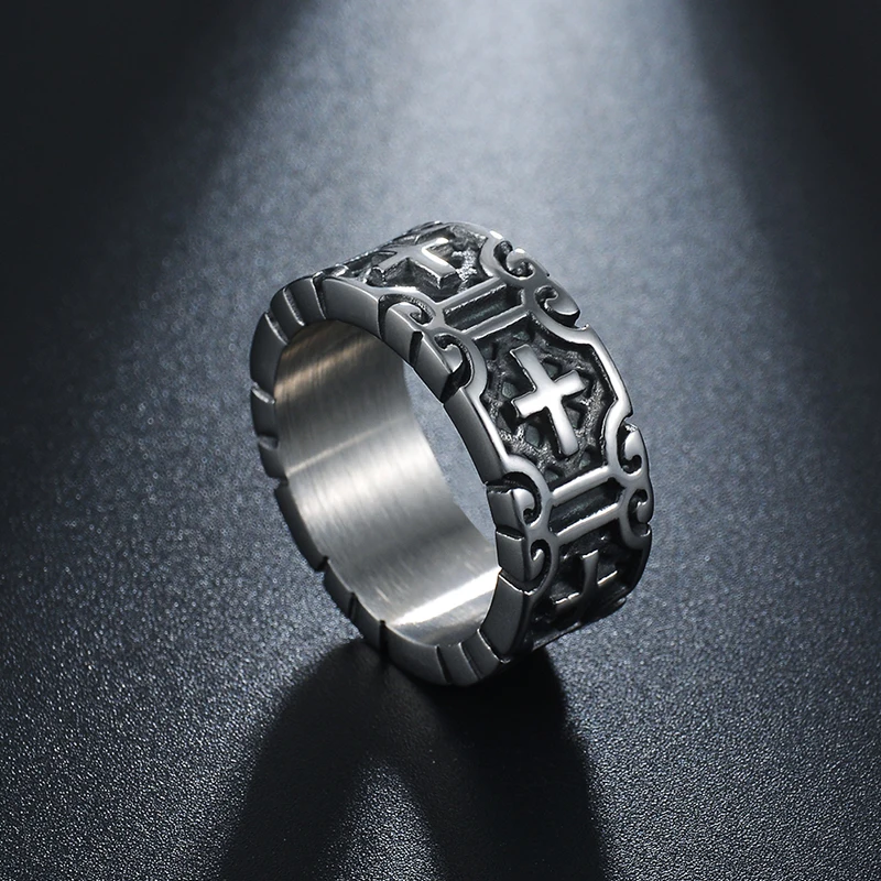 Vintage Punk Rock Christian Religion Cross Ring 316 L Stainless Steel For Men Father Jewelry Gift