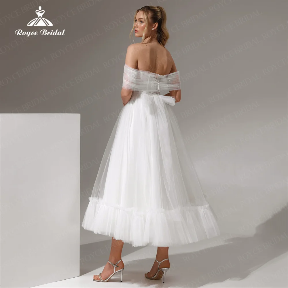 Vestido de novia de línea A con volantes escalonados, elegante vestido de novia con hombros descubiertos, plisado de tul con botón, personalizado