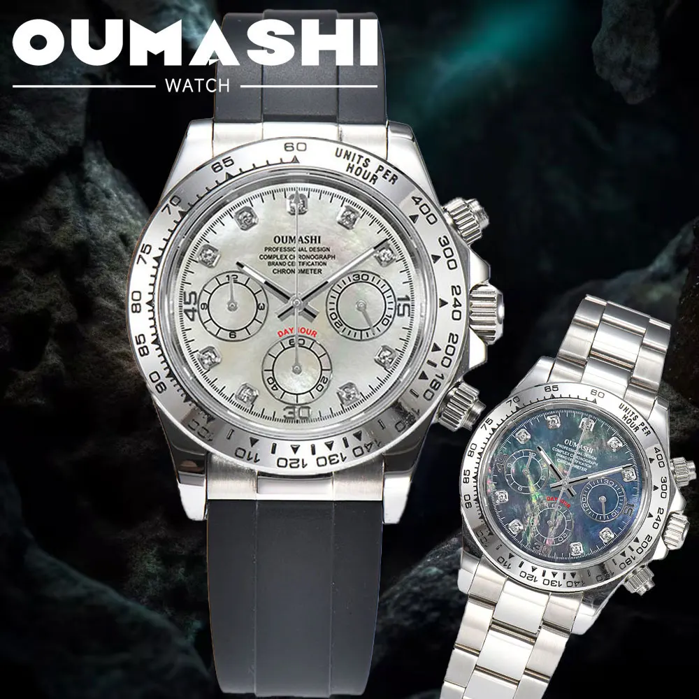 

39mm silver men's watch VK63 movement chronograph sapphire glass rubber strap business men's custom watch 10Bar