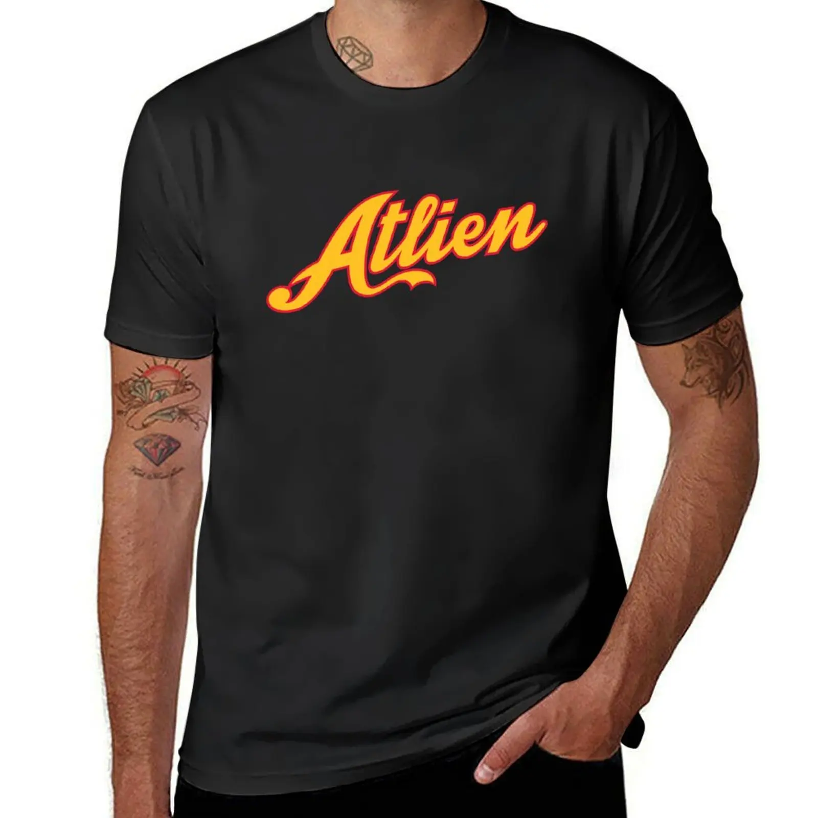 Atlien Script - Yellow & Red on Black T-Shirt sweat customizeds plus sizes mens clothing