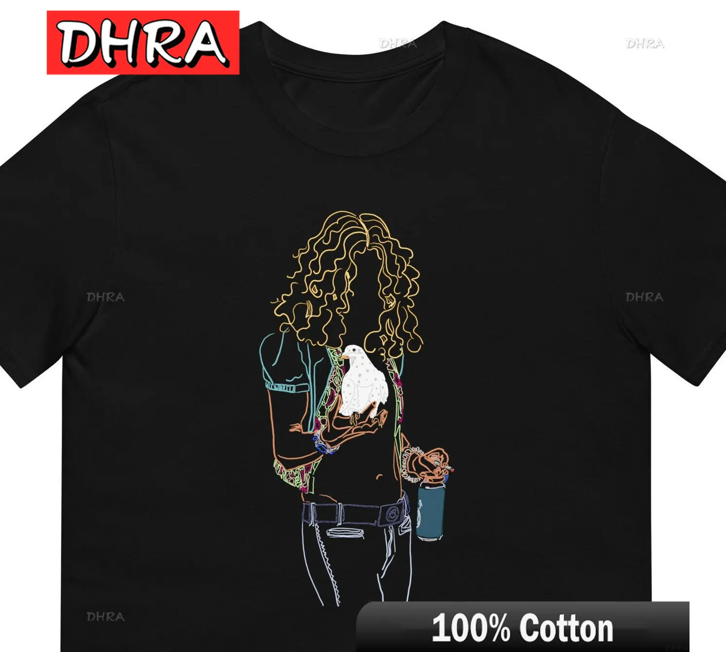 Curly Hair Woman Line Art T-Shirt Book Coffee Cat Graphic Tee Cotton Short Sleeve Minimalist Feminist Gift