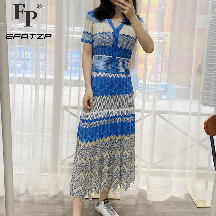 

Stripe Knited Cardigan Set Women Spring Summer New Fashion Elegant Slim Hollow-out Tops+ Long Skirt Suit 520073