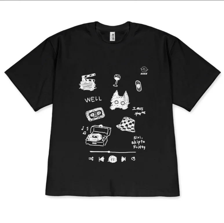 Y2K T-Shirt Aesthetic Hand Drawn Cat Retro Music Doodle Print Short Sleeve Tee for Girls Fashionable Versatile Kawaii Clothes