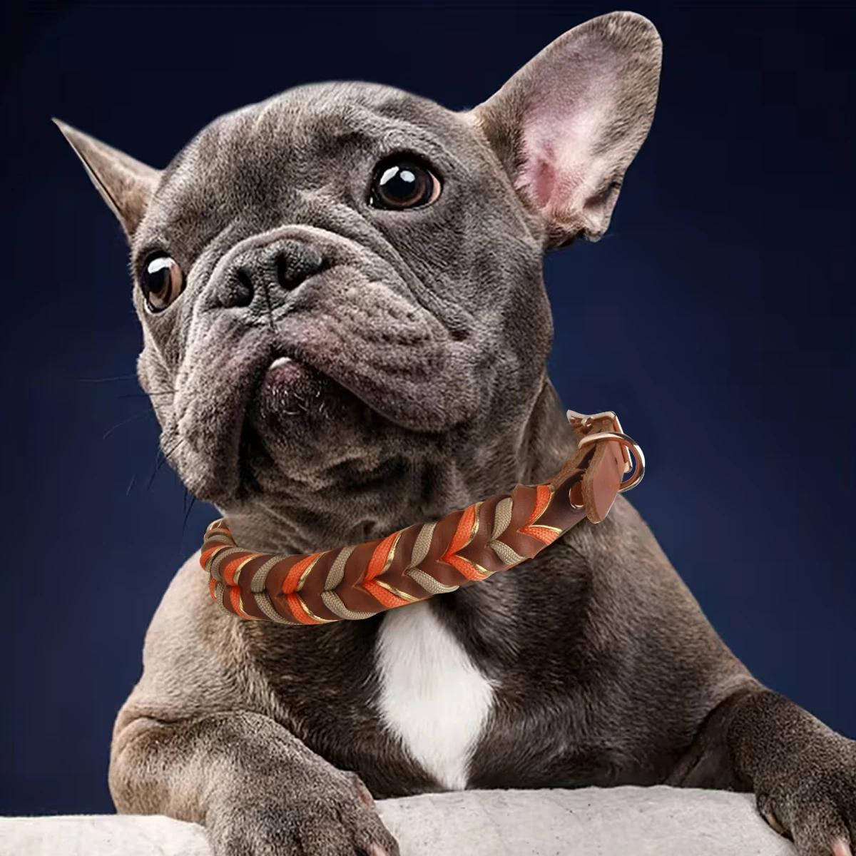 Braunes Leder-Hundehalsband und Leinen, Anzug, gewebte Muster, wunderschönes, langlebiges Nylon, orange Farben, Seil, freihändiges Design, 2026, neu – Detail 5