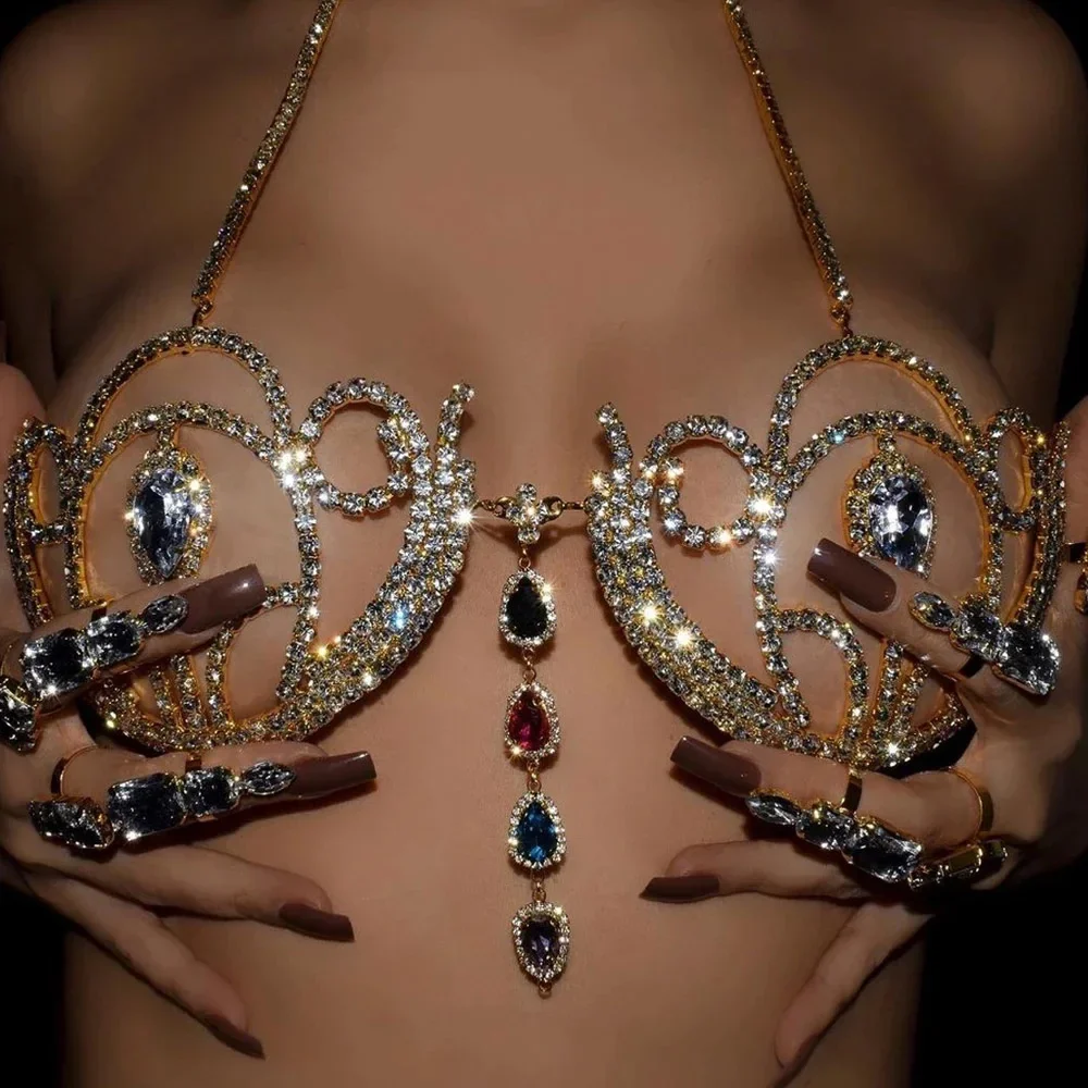 حمالة صدر بكيني فاخرة للنساء من حجر الراين ، ملابس داخلية هندسية لتسقط الماء ، دعامة صدر كريستال ، مجوهرات للجسم ، موضة