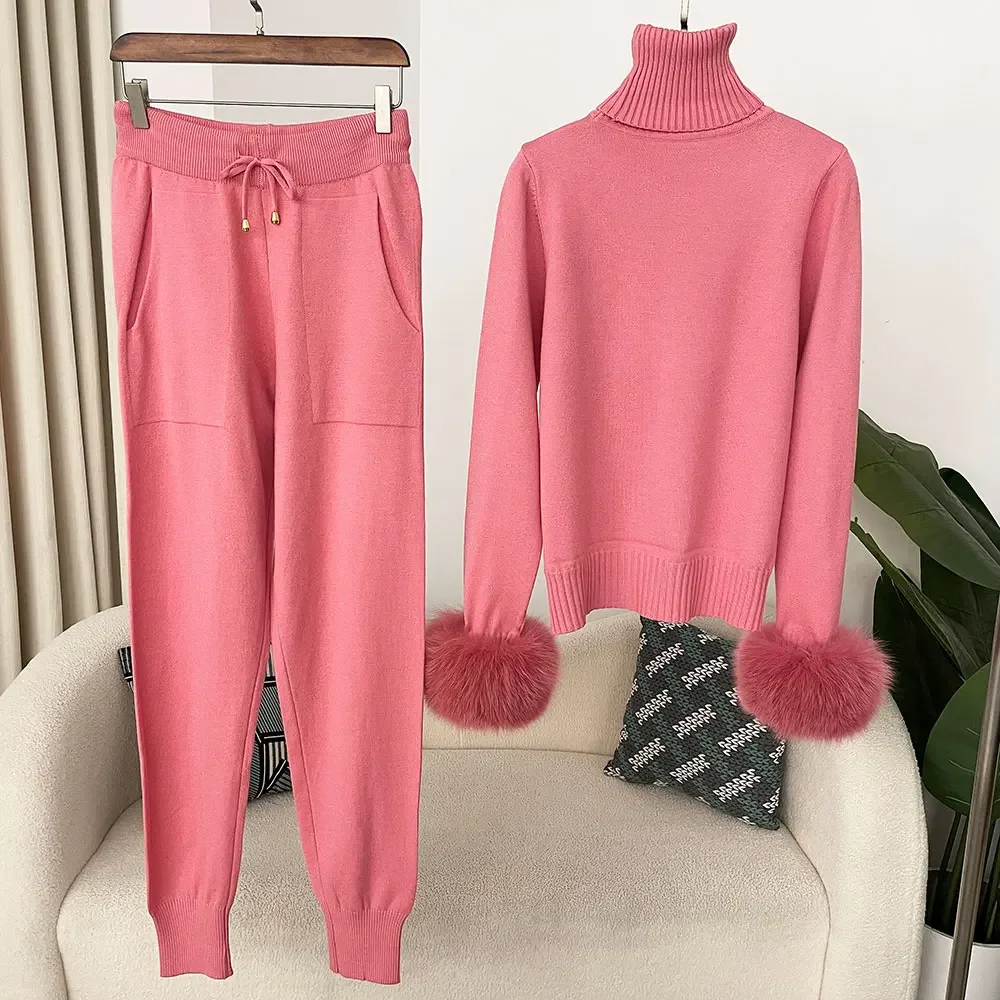 Długie spodnie Zestaw Kurtka Sweter 2024 Nowa moda Jesień Zima Sweter z dzianiny Kobiety Gruby Ciepły Prawdziwe futro lisa Płaszcz damski