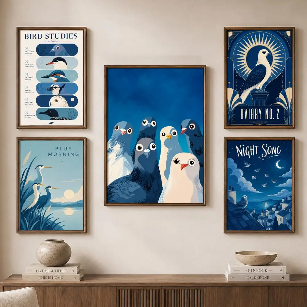Blue Birds Herons Swans Night Sky Coastal Avian Illustration Poster Modern Aesthetic Wall Art for Home Bar Cafe Bathroom Decor