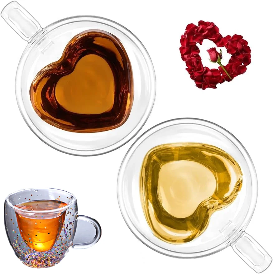 

2PCS 5oz Double Walled Glass Heart Shaped Coffee Mugs Tea Cups Juice Cups Drinking Glasses Birthday Wedding Valentines Gifts