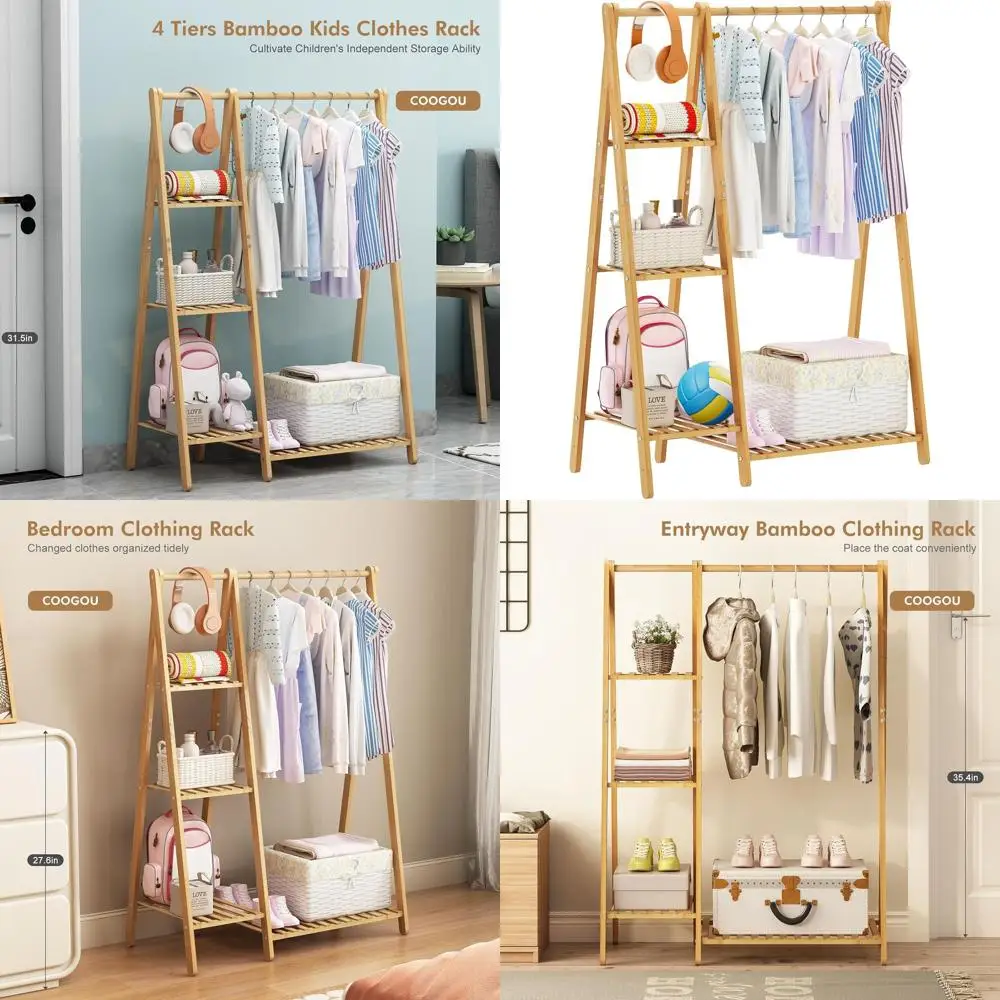 

Portable Bamboo Kids' Clothing Rack with Shelves for Bedroom or Bathroom Use