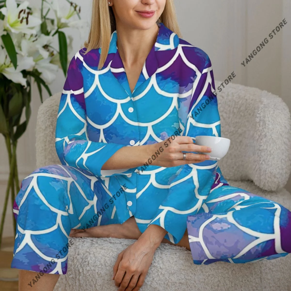 Spring and Autumn Pajama Set Women's Long Sleeve Pants Two Piece Mermaid Scale Home Furnishing Set