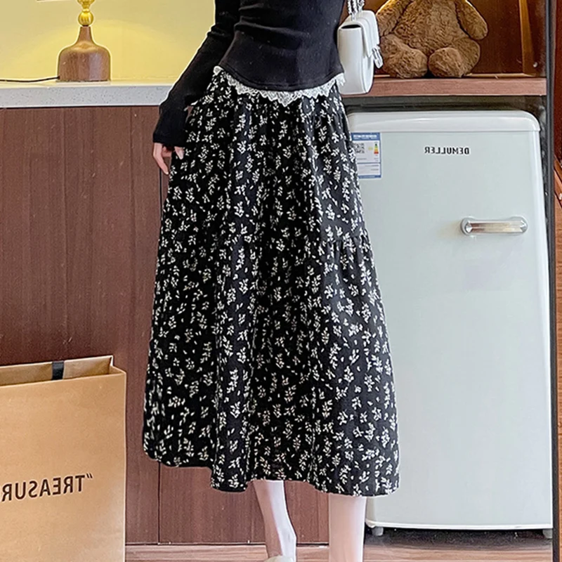 Chic Floral พิมพ์กระโปรงยาวผู้หญิงฤดูใบไม้ผลิฤดูใบไม้ร่วงใหม่เอวยางยืด Big Swing A-Line กระโปรงผู้หญิงความงาม Vintage Midi กระโปรง