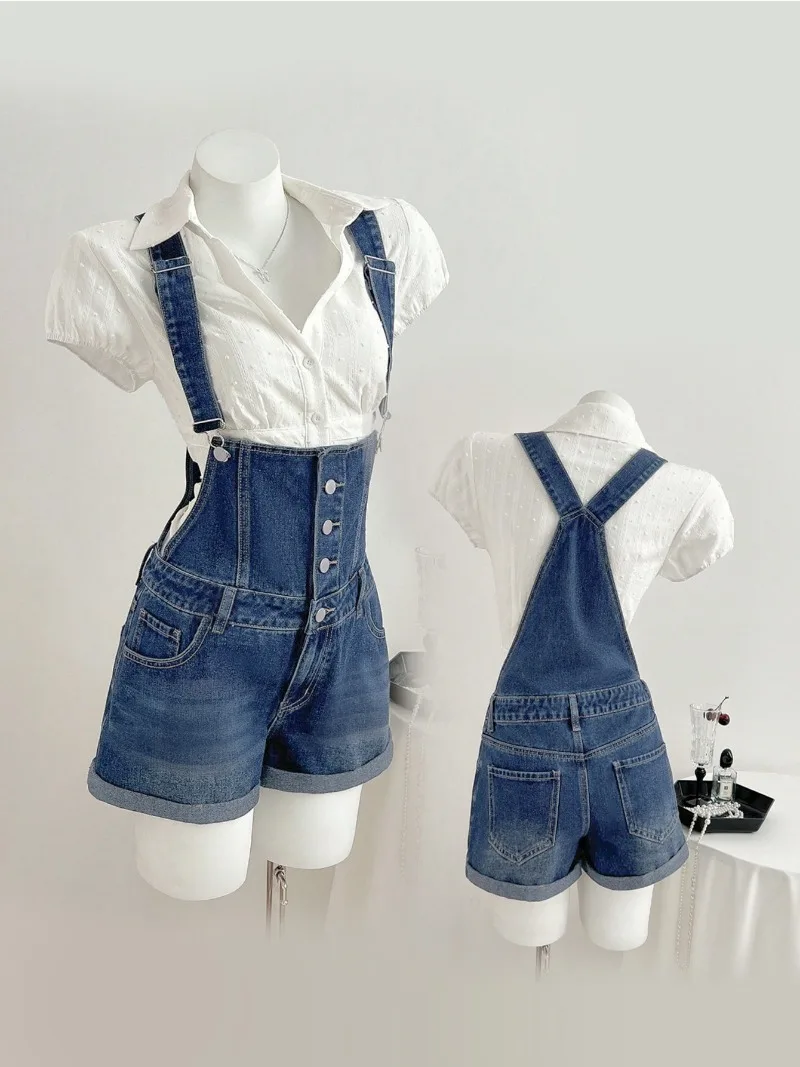 Women’s Loose Blue Denim Overall Shorts American Y2K Korean Thin High Waist 2026 Summer Streetwear Cuffed Casual Shorts