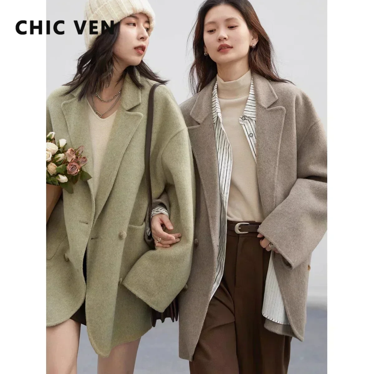 CHIC VEN Women\'s Woolen Coats Loose Casual Double Breasted Retro Double-sided Jacket Office Lady Outerwear Autumn Winter 2023