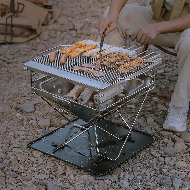Outdoor Charcoal Stainless Steel Barbecue Grill Camping Fire-Pit Stand Three-speed Adjustable Foldable Large Size