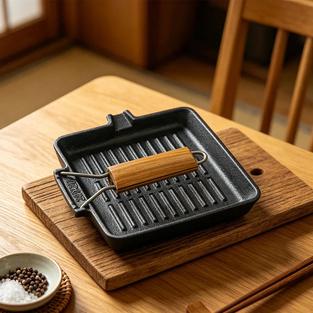 Foldable Handle Cast Iron Grill Pan 20 x 20cm Ridged for Indoor Steak Searing Even Heat Distribution Compatible